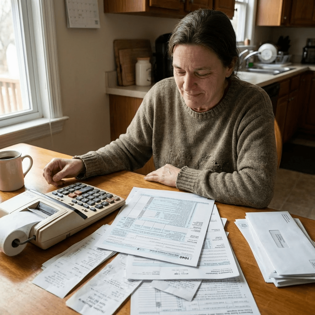 Stressed person reviewing tax forms and receipts using a calculator at a kitchen table.