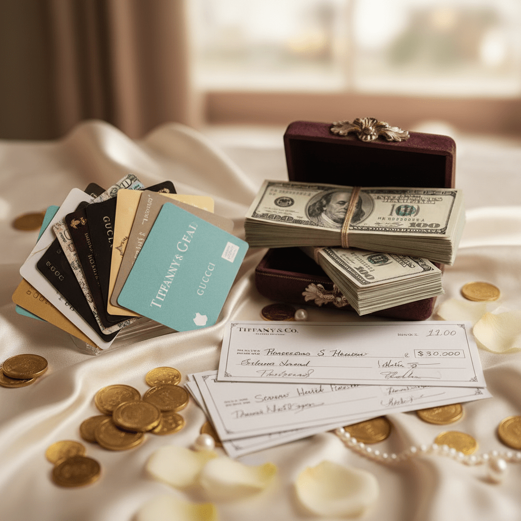 Gucci credit cards, $100 bill stacks, gold coins, and Tiffany & Co. checks on white satin.