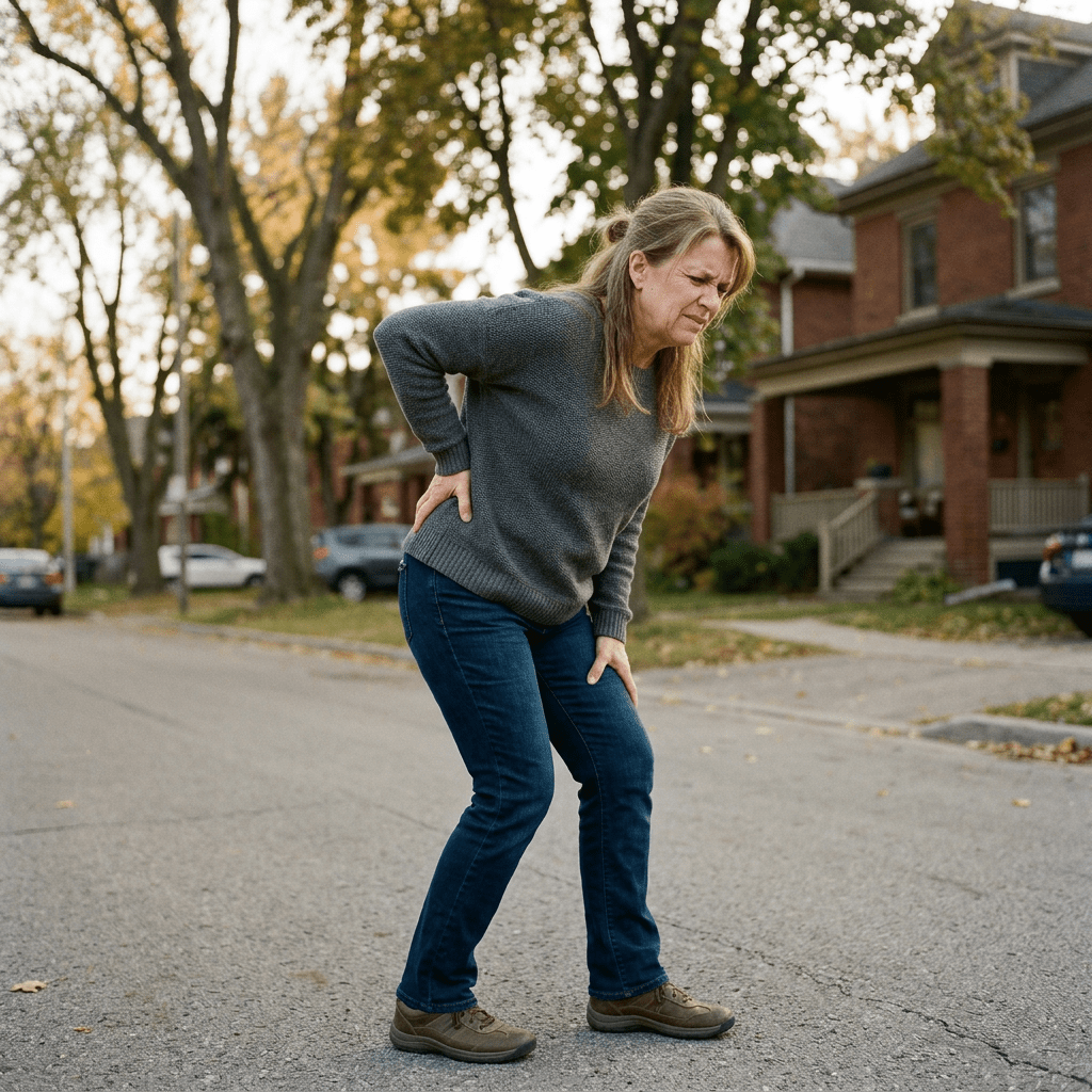 Woman standing on street holding lower back in pain