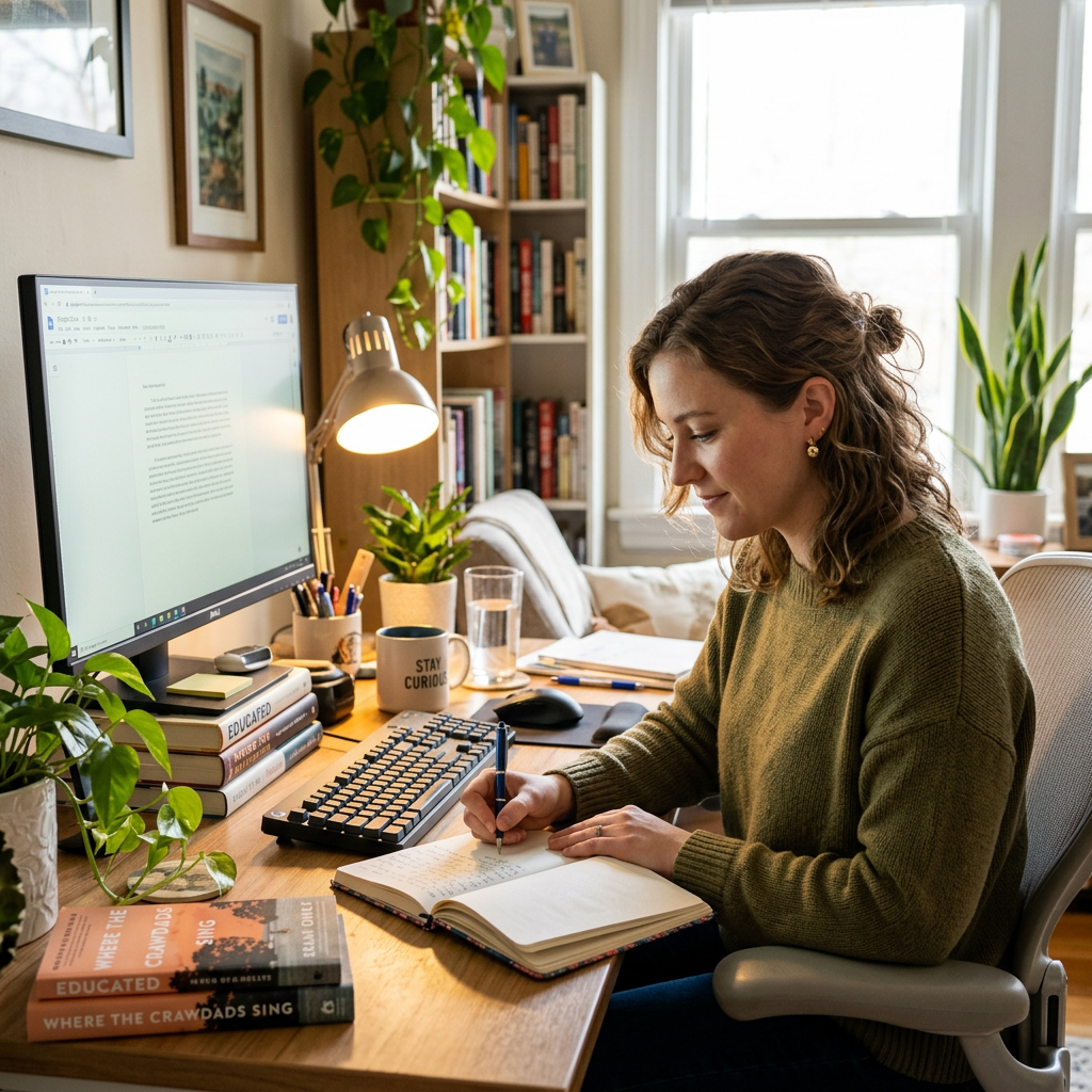 Woman writing in a journal at a desk with computer and books