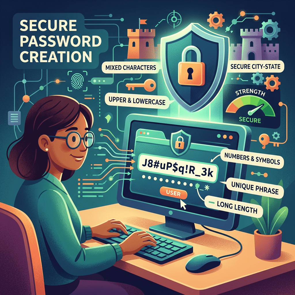 Person creating a secure password with tips like mixed characters, numbers, symbols, and long length
