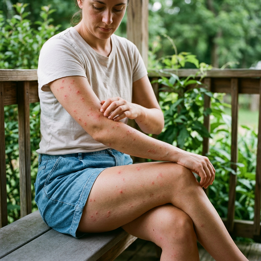 Young woman wearing a white t-shirt and denim skirt with red insect bites on her arm and leg scratching her arm outdoors