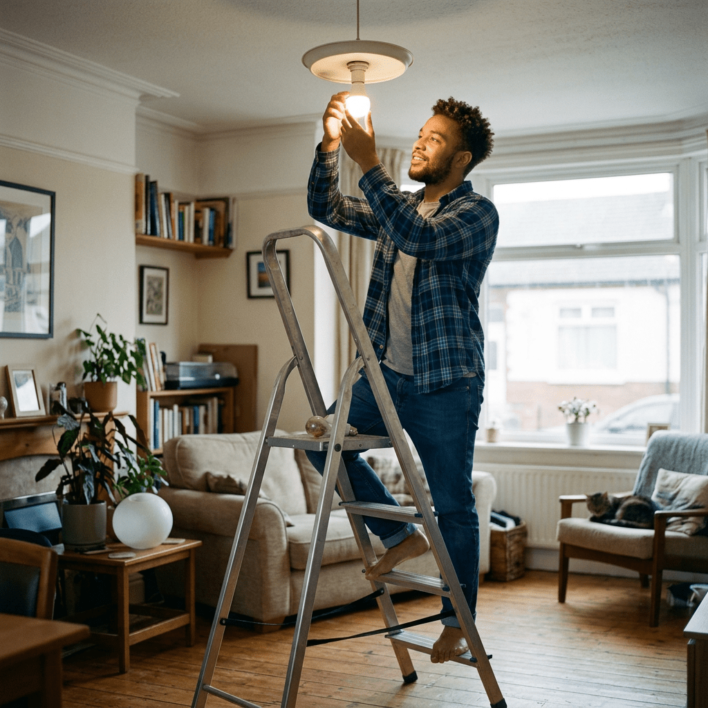 Man on ladder changing ceiling light bulb in living room