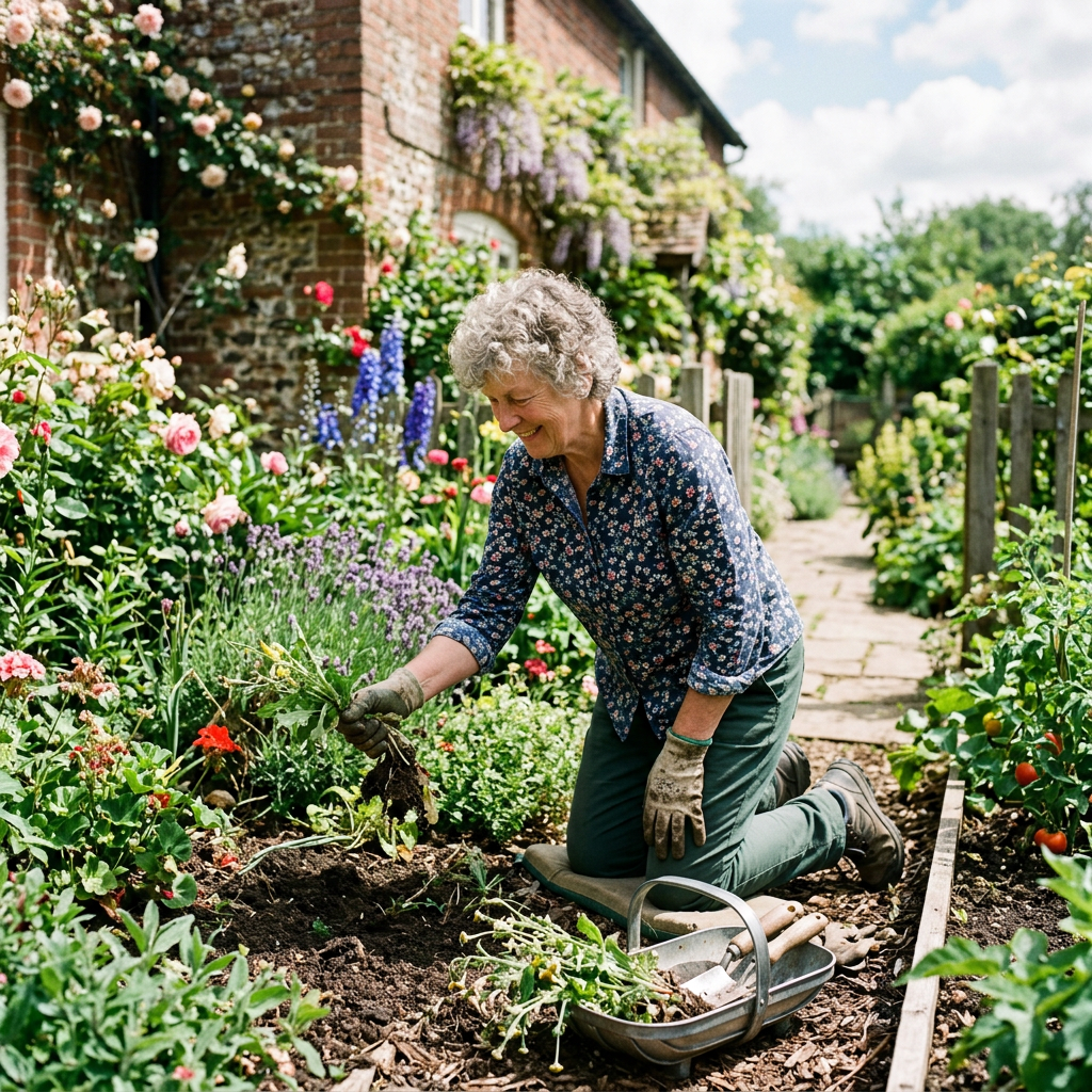 Older woman kneeling in a colorful garden pulling plants from soil and smiling