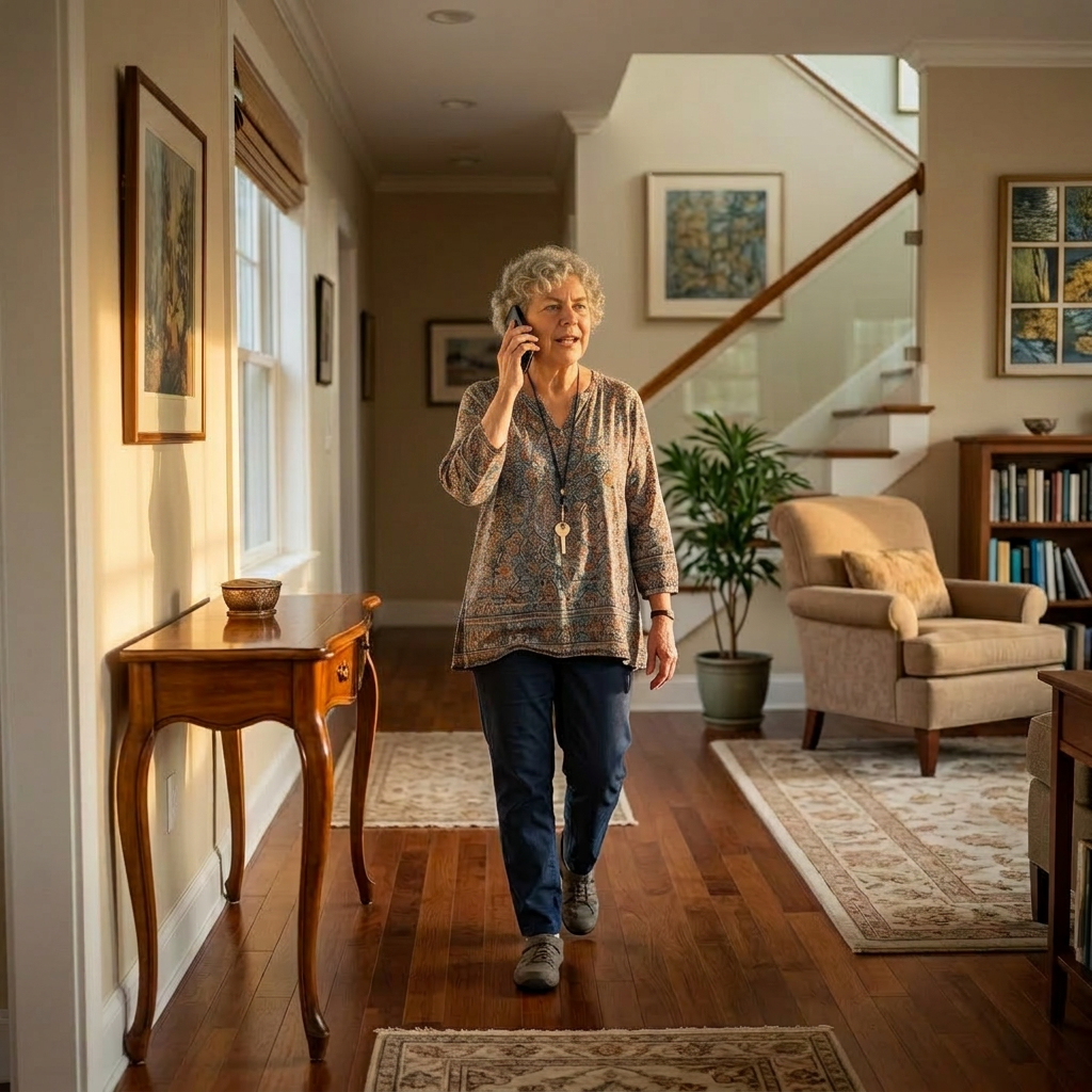 Senior woman walking on stone path beside house holding wooden railing with a key on a lanyard around her neck