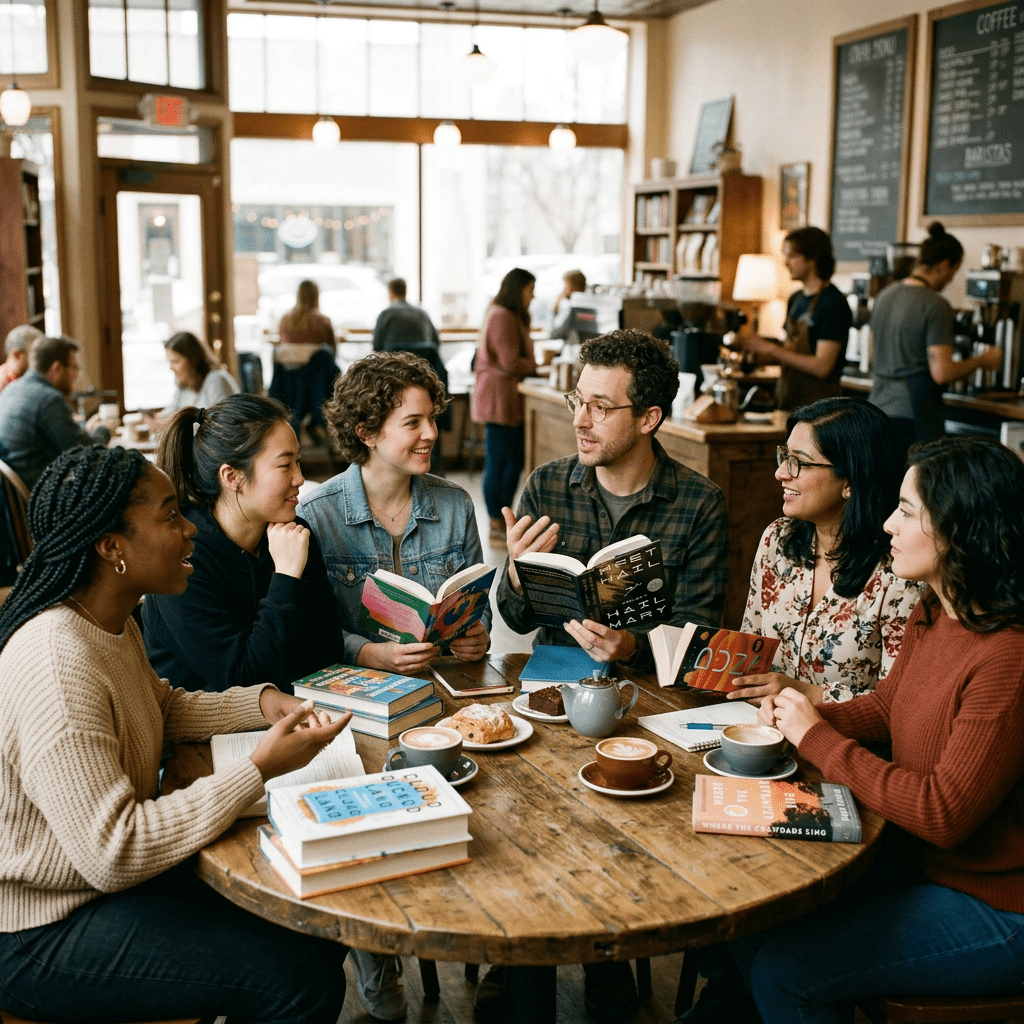 Group of six people discussing books around a wooden table in a café.