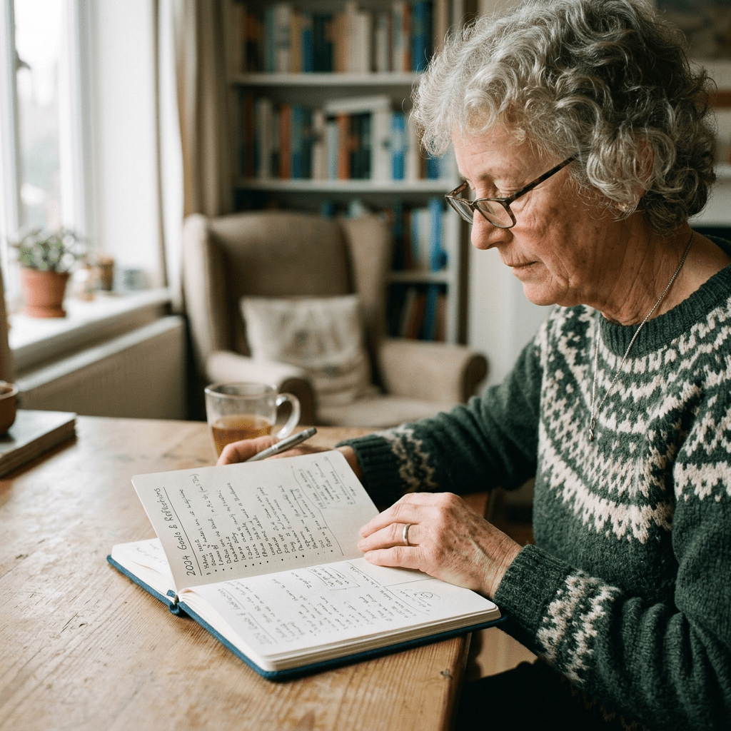 Elderly woman reading handwritten notes in a notebook at home