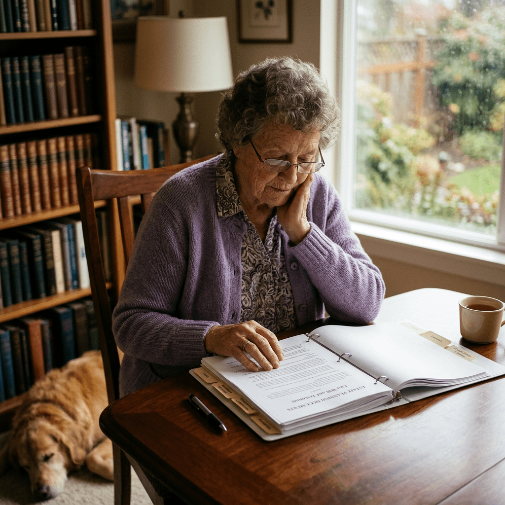 Elderly woman reading documents at a table with a dog lying on the floor