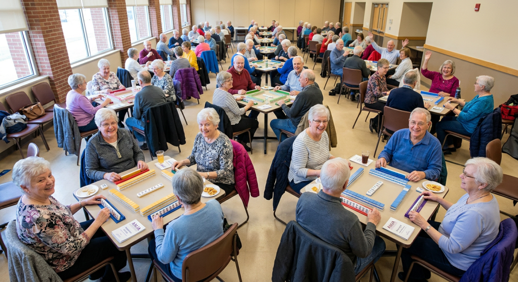Seniors gathered around tables playing Mahjong game in a community center