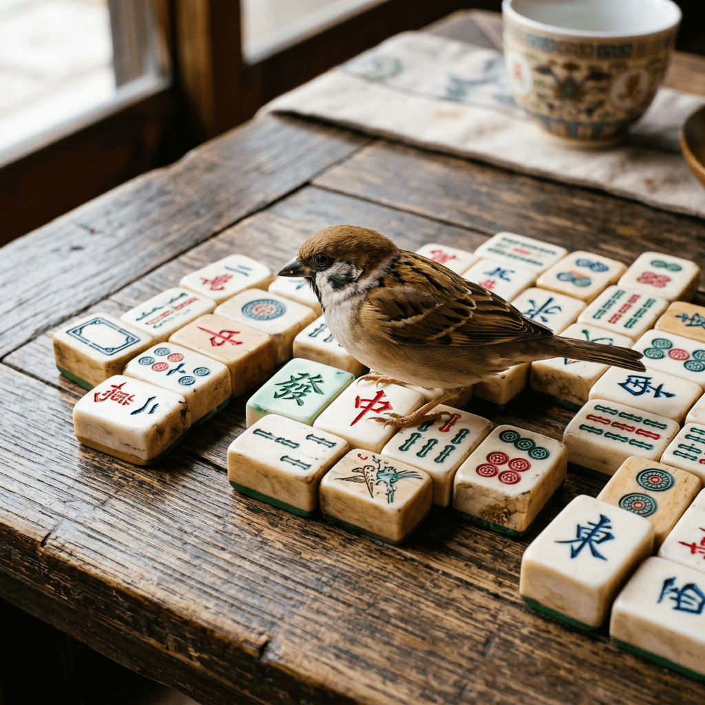 Sparrow standing on mahjong tiles arranged on a rustic wooden table.
