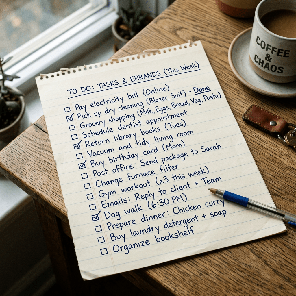 Handwritten weekly to-do list on lined paper with some tasks checked off and a coffee cup on a wooden table