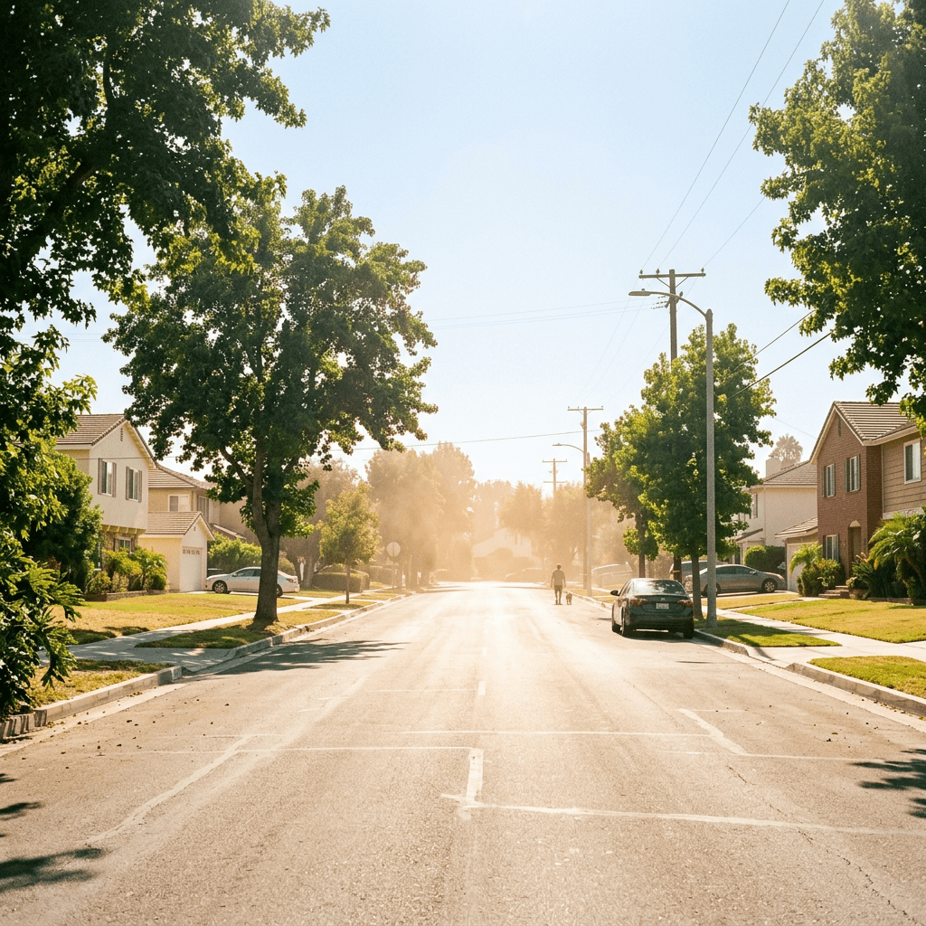 Suburban street with houses, trees, parked cars, and a person walking a dog