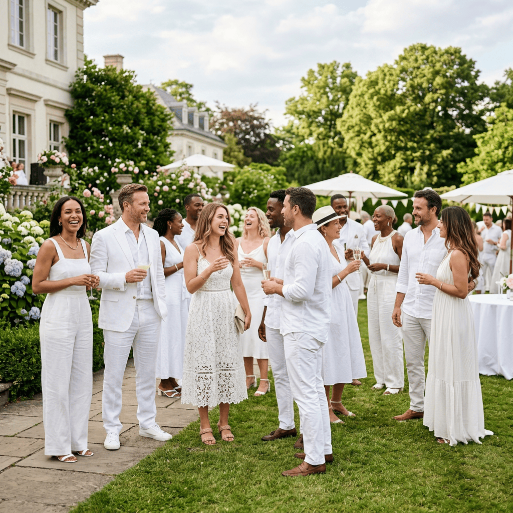 Group of people dressed in white talking and laughing at an outdoor garden party