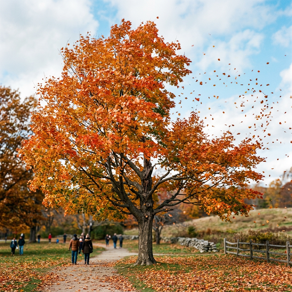 Tree with orange and red autumn leaves shedding leaves on a walking path