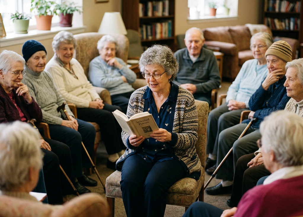 Older woman reading aloud to seated seniors in a community room