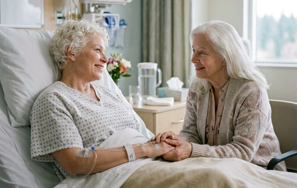 Hospitalized woman smiling as an older woman holds her hand