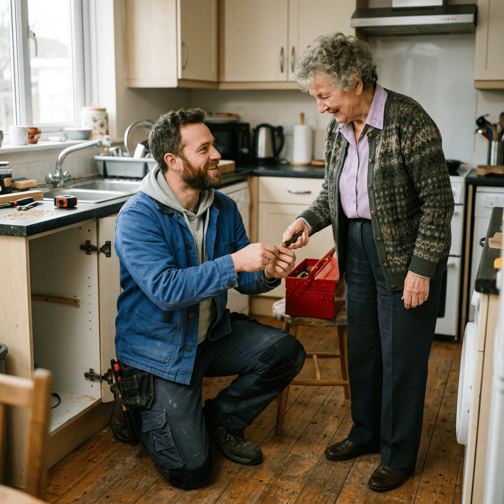 Repair professional and older woman handling a small tool in a kitchen