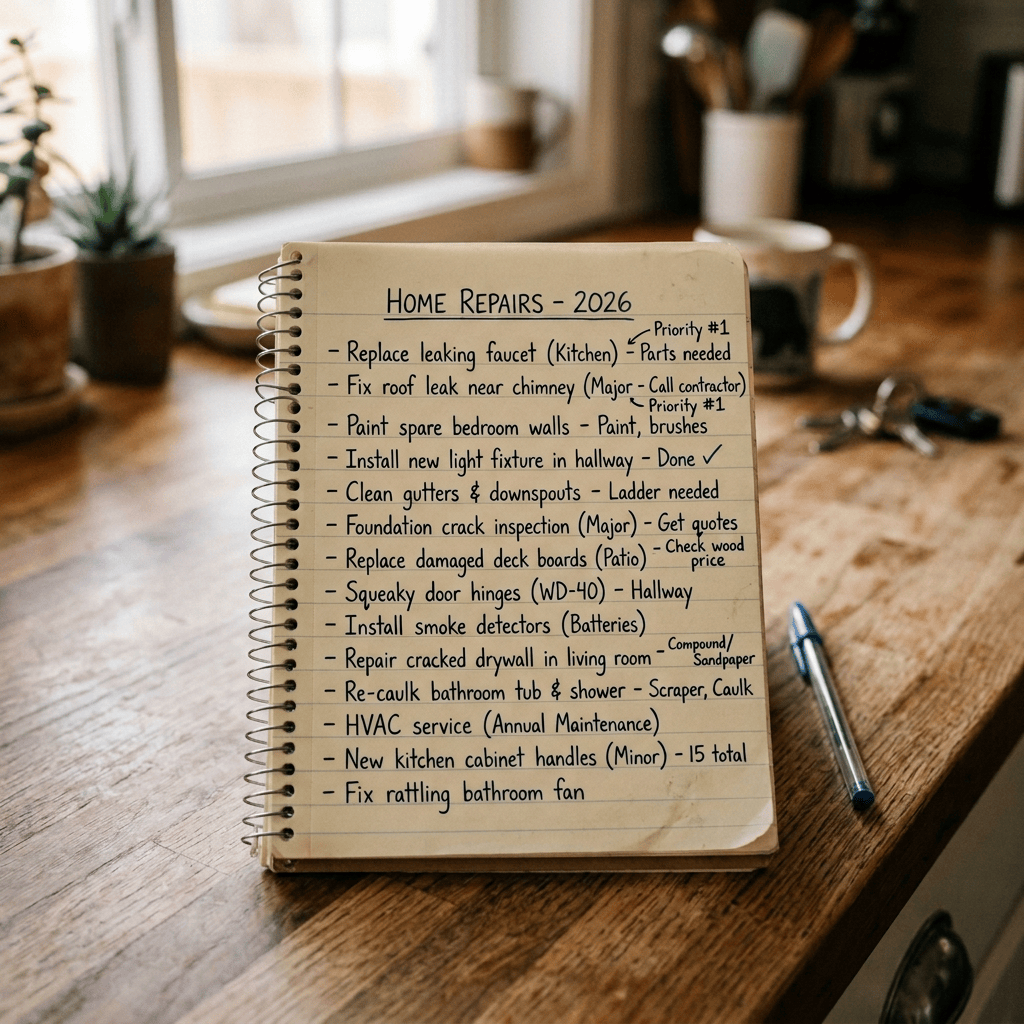 Notebook page titled HOME REPAIRS - 2024 listing fourteen household repair tasks, priorities, materials, and one completed item