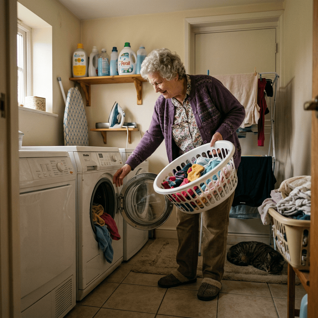 Older woman carrying a basket of laundry beside an open washing machine