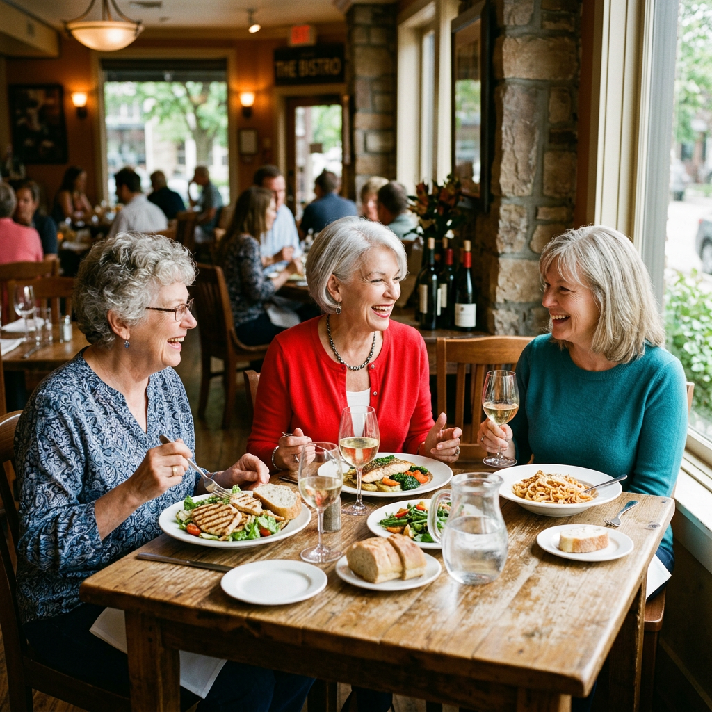 Three friends laughing over lunch and wine in a cozy bistro