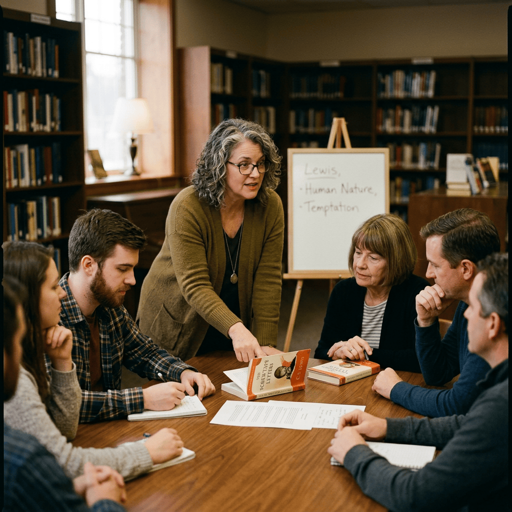 Study group discussing Lewis, Human Nature, and Temptation around a library table